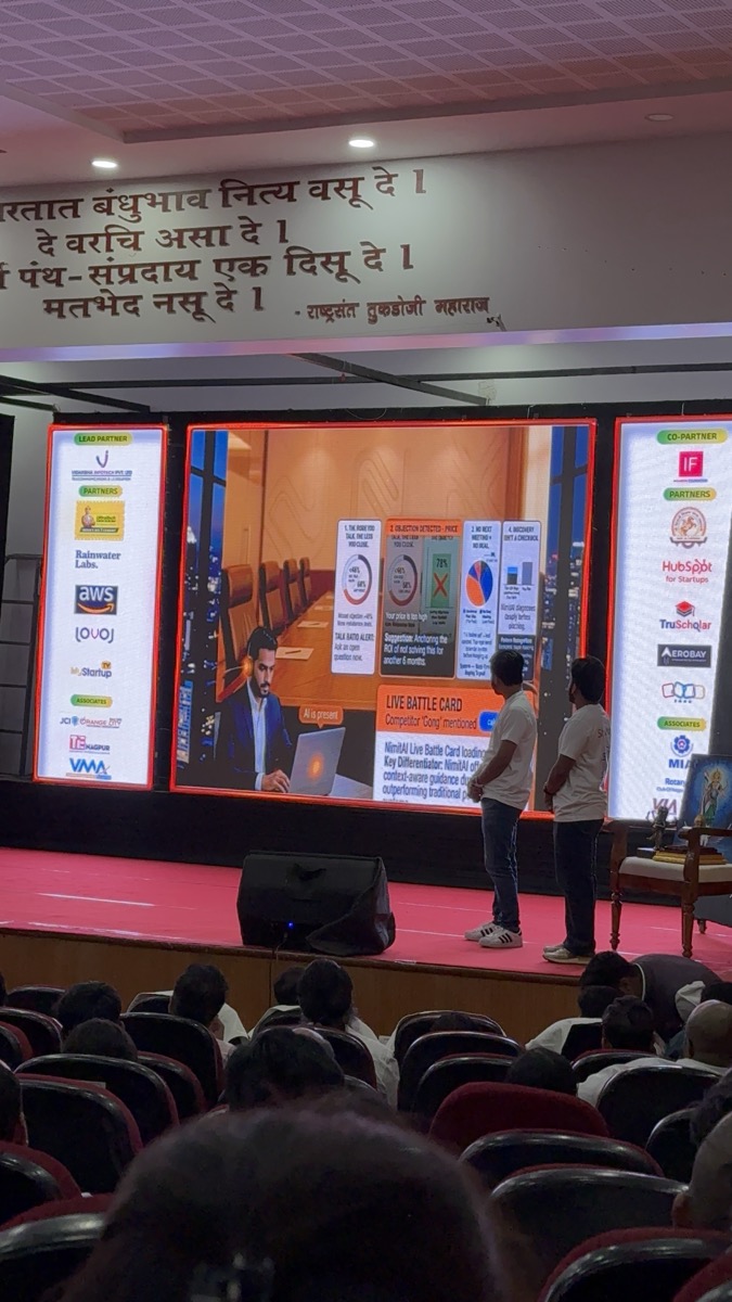 Nimitai team presenting on stage at Innopreneurs Season 12 by Lemon Ideas, Nagpur — pitching to 400+ audience and 5 judges at Viksit Bharat Conclave